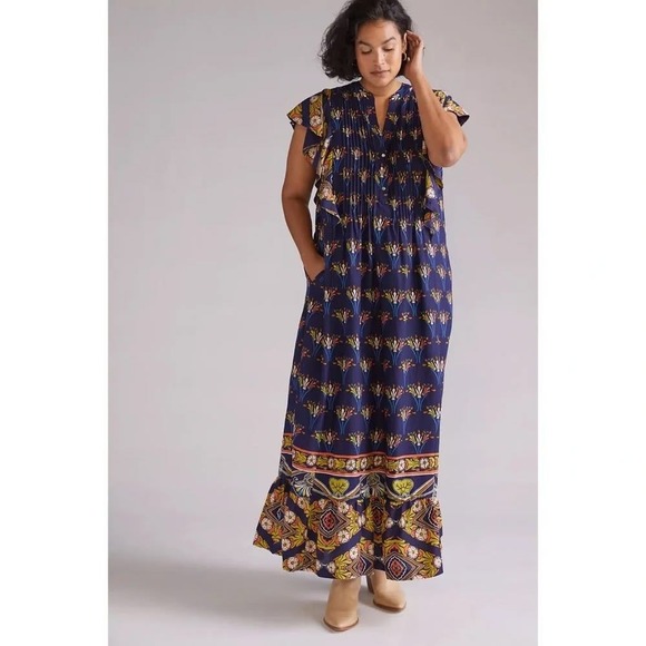 Anthropologie Dresses & Skirts - Anthropologie Maeve Cassandra Maxi Dress 1X Boho Pintuck Flutter Sleeve Floral